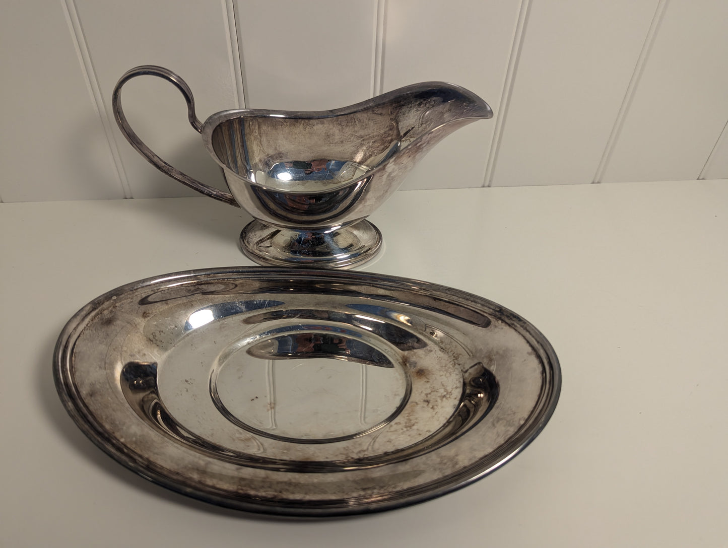 Silver plated gravy boat and plate