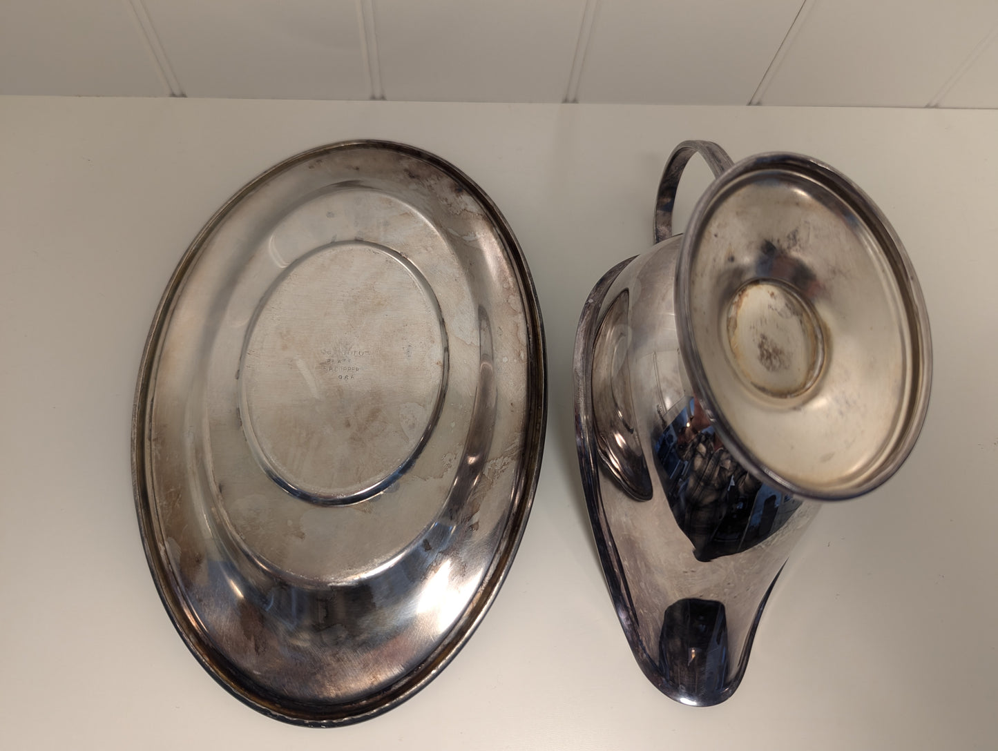 Silver plated gravy boat and plate