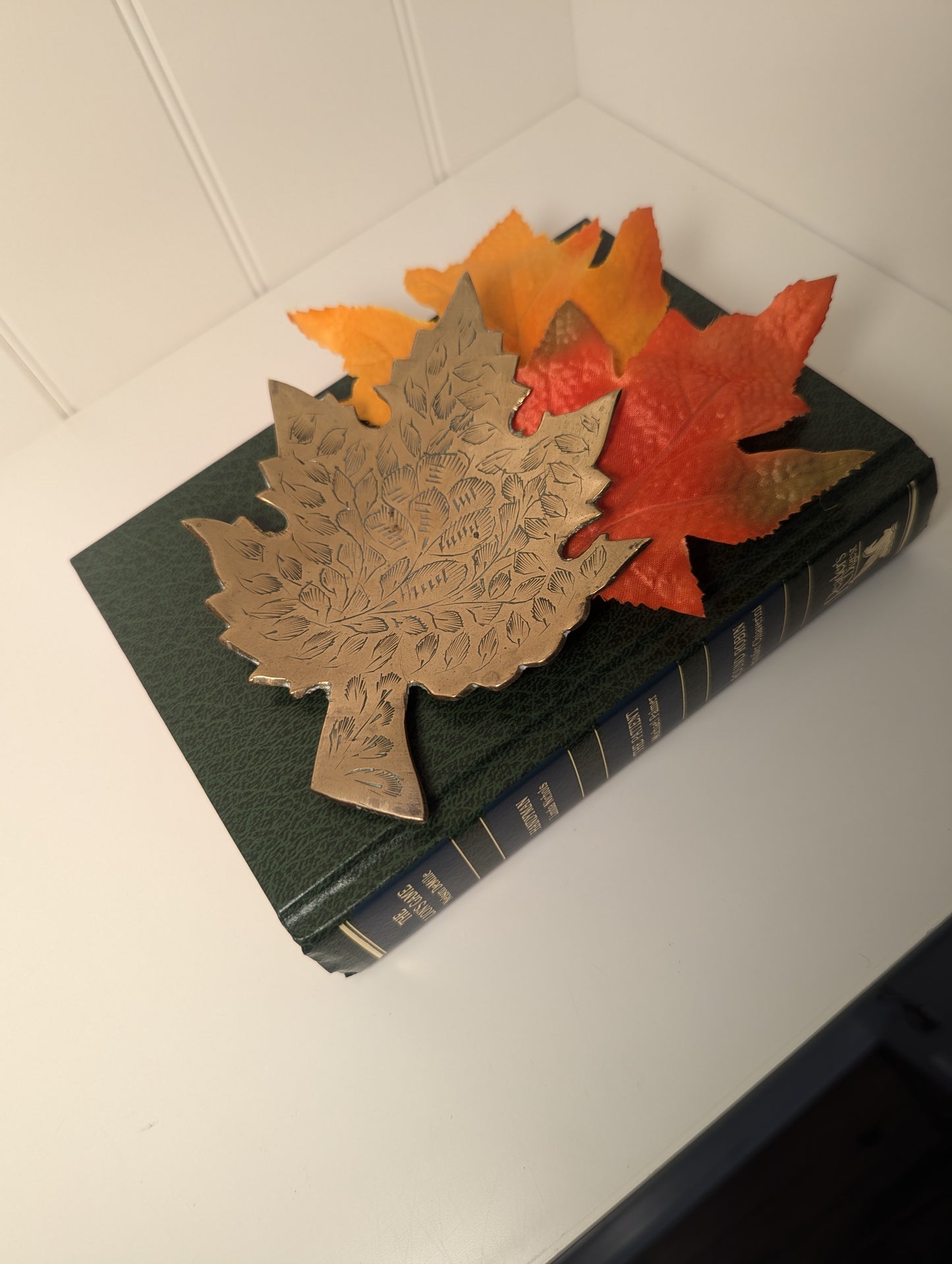 Brass etched maple leaf trinket dish